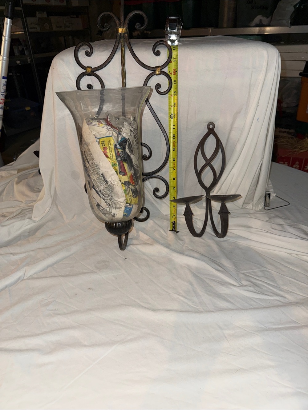 Ashland set of 2 Iron Scroll Wall Hooks with Glass Hurricane for Candles